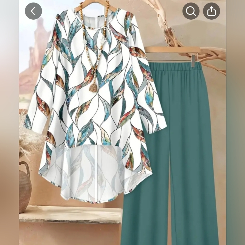 Women's Blue Elastic-Waist Lounge Pants with Printed Top. 2nd Pic Actual Colors.